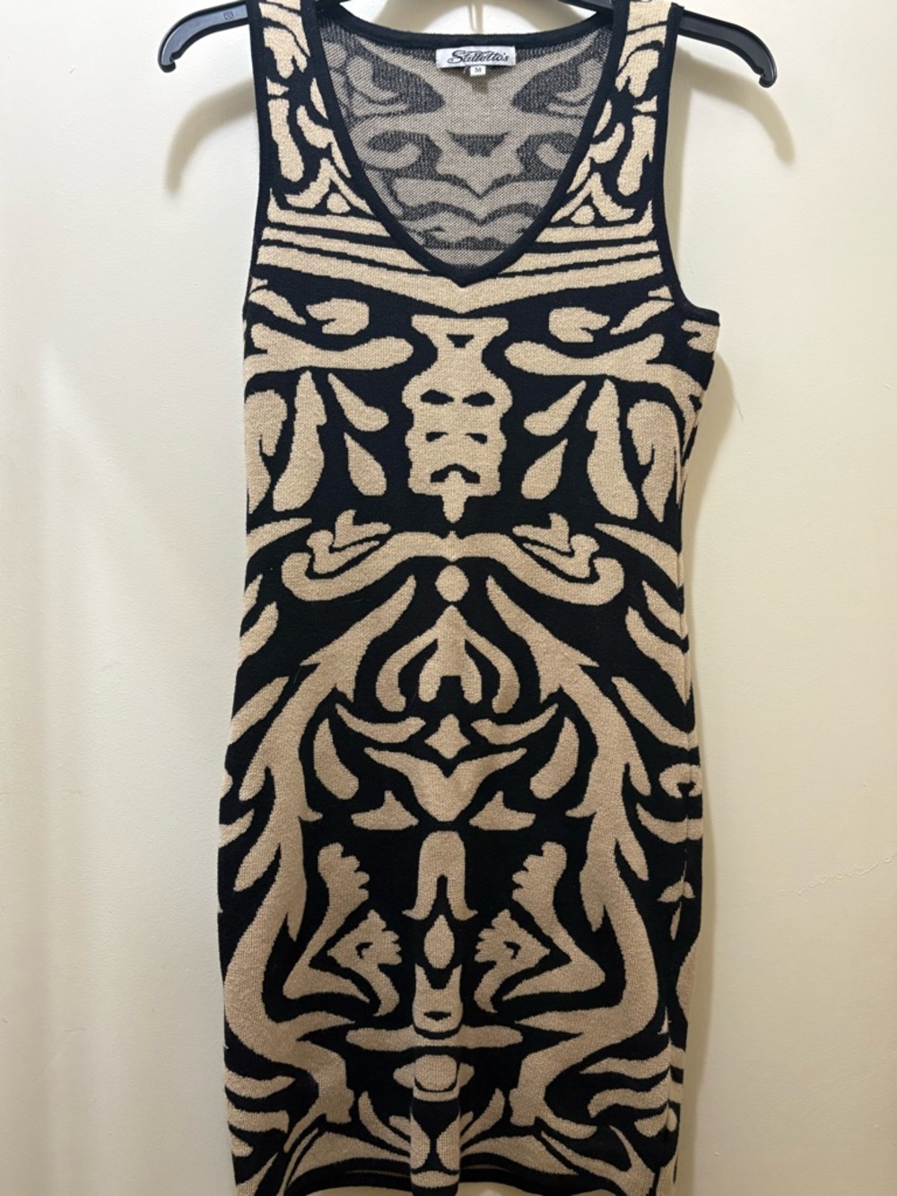 Sleeveless Black & Tan Patterned Knit Dress